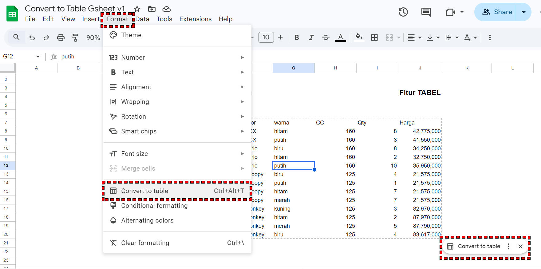 Konversi ke Table Google Spreadsheet