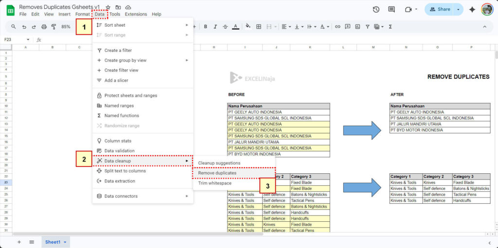 Remove duplicates in gsheets