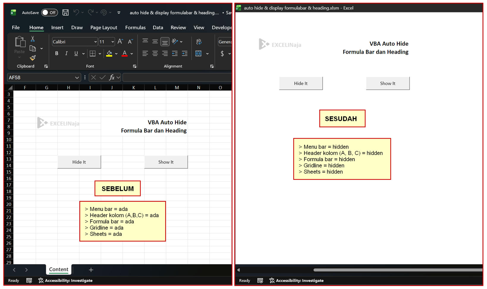 Before and After VBA autohide formula and display
