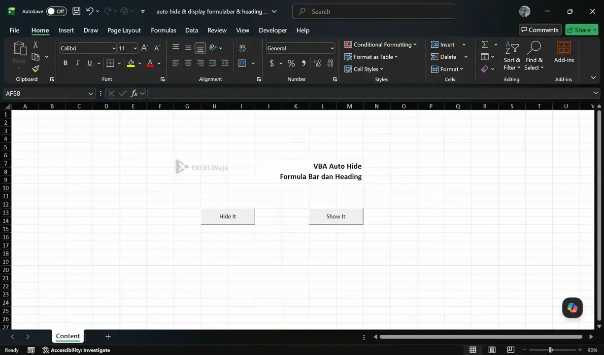 Excel VBA Auto Hide Formula Bar dan Heading