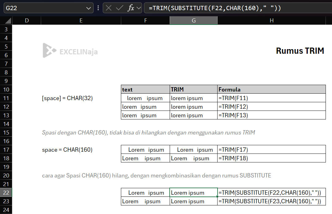 Rumus TRIM Excel Google Sheets