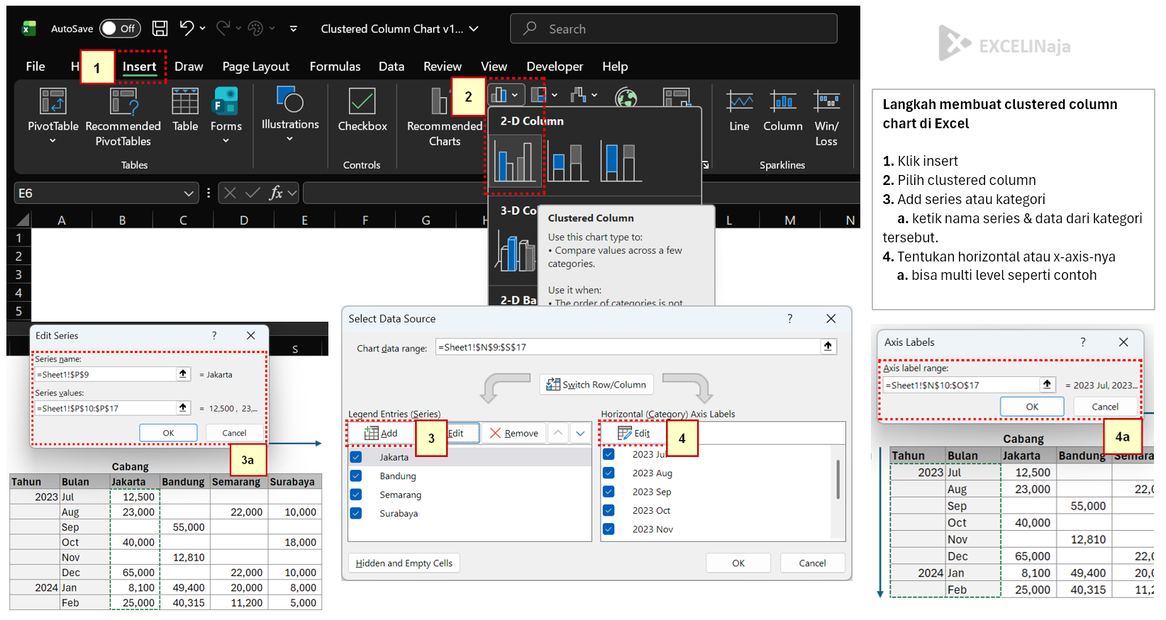 Langkah membuat Clustered Column Chart di Excel