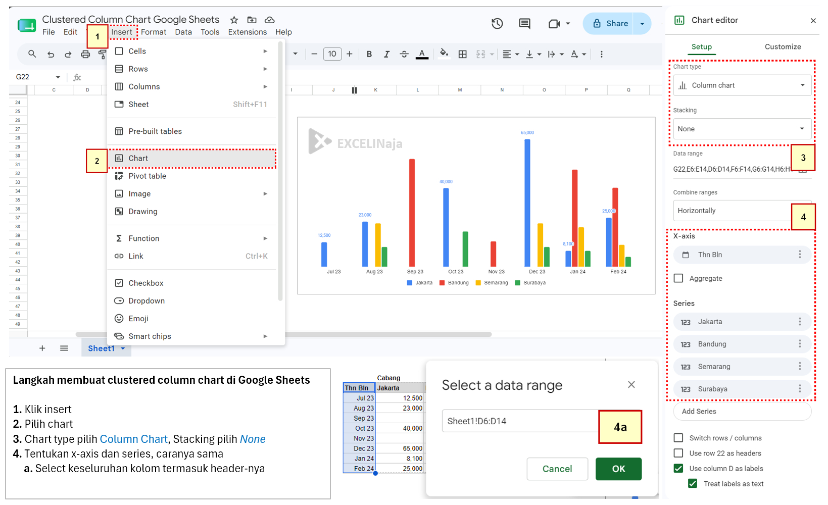 Langkah membuat Clustered Column Chart di Google Sheets
