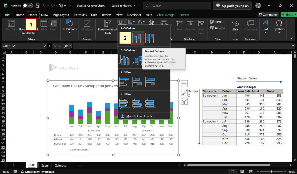 Stacked Column Chart Excel Langkah 1 sd 2