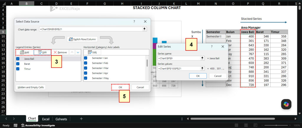 Stacked Column Chart Excel Langkah 3 sd 5