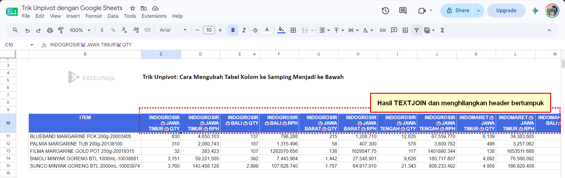 Google Sheets Hasil TEXTJOIN dan menghilangkan header bertumpuk Google Sheets Hasil TEXTJOIN dan menghilangkan header bertumpuk