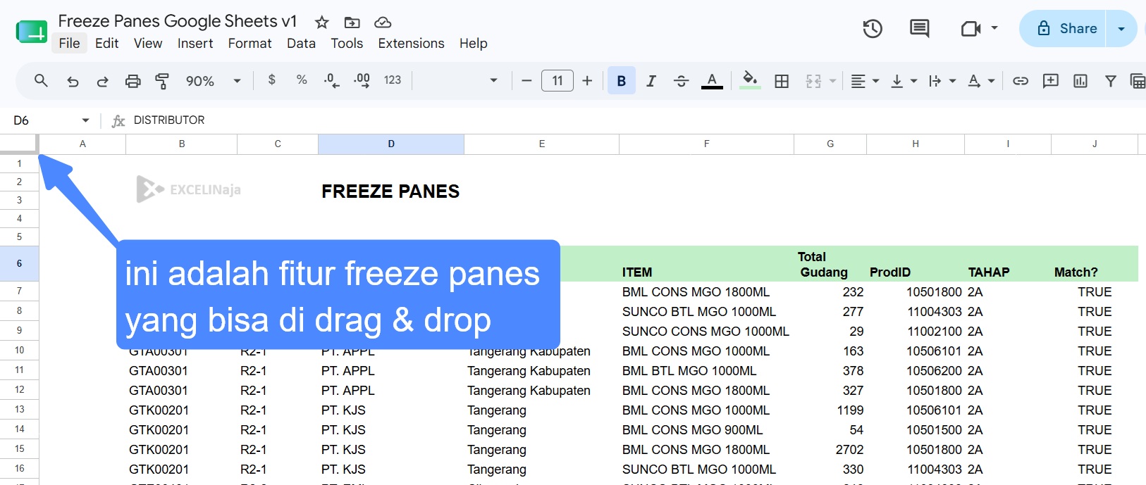 Google Sheets Freeze Panes opsi 2