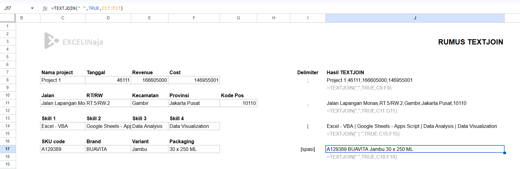 Rumus TEXTJOIN excel dan google sheets